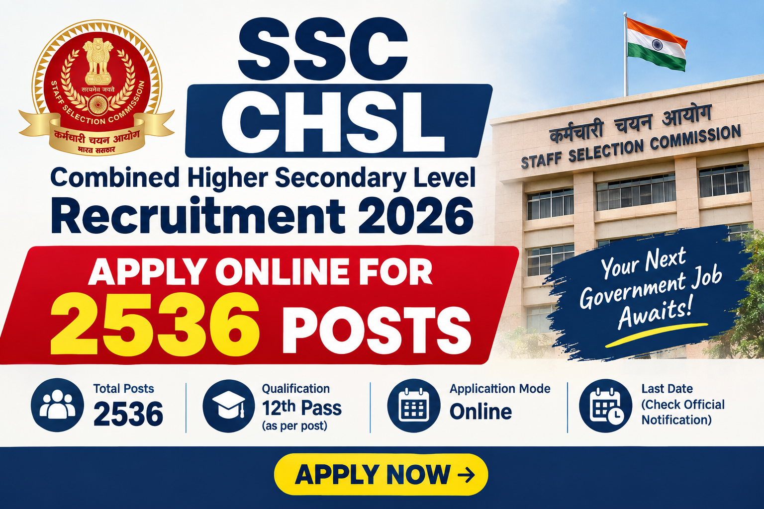 SSC CHSL Recruitment 2026 – 2536 LDC JSA and DEO Posts